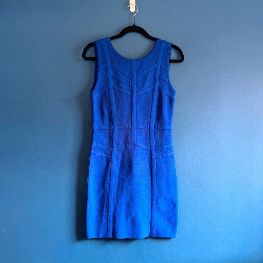 Bebe Blue Bandage Dress Women's Size Large Bodycon Stretch High Neck Fitted